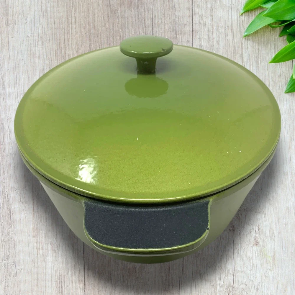 Vintage French Enameled Cast Iron Oval Dutch Oven Cocotte Olive Green France